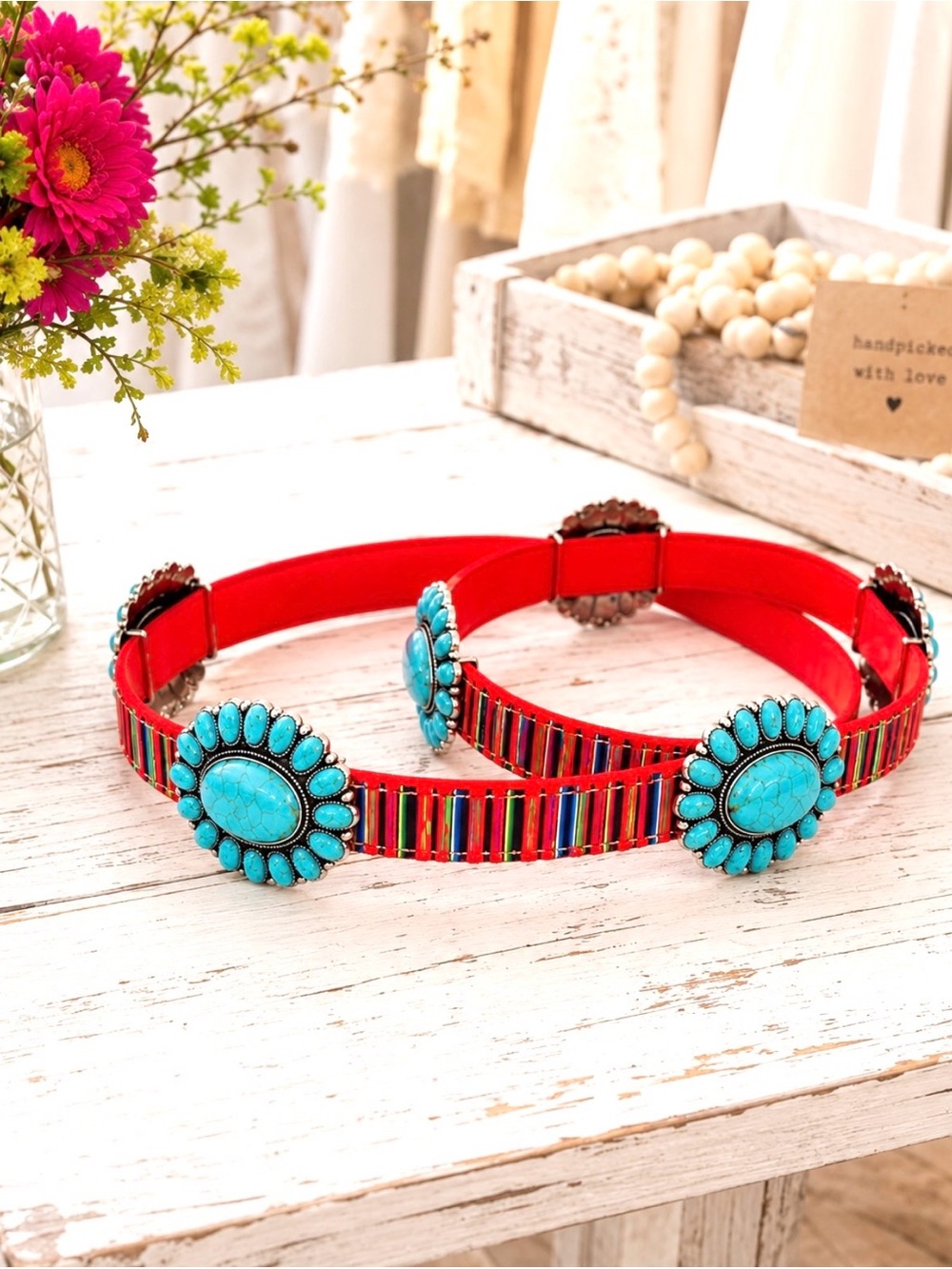 Bold Colorful Western Belt w/MultiStriped Design and Faux Turquoise Stones